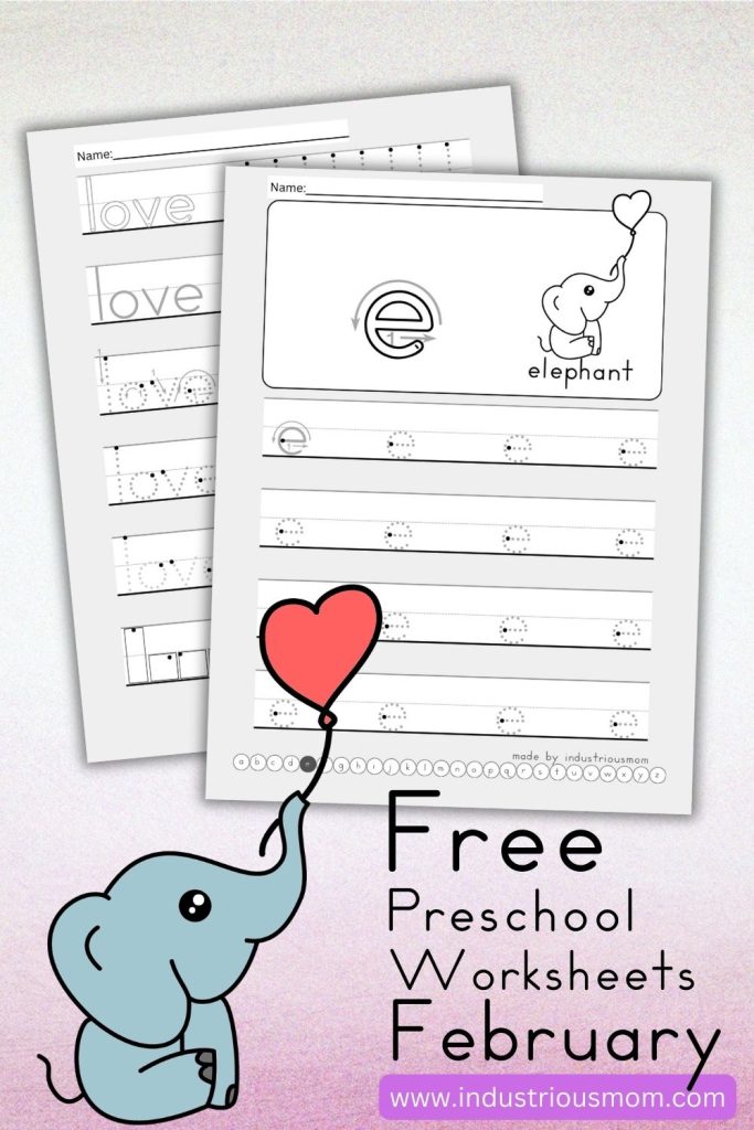 Adorable animal-themed February handwriting practice worksheets for preschoolers and kindergarteners with hearts, letters, and joyful learning elements.